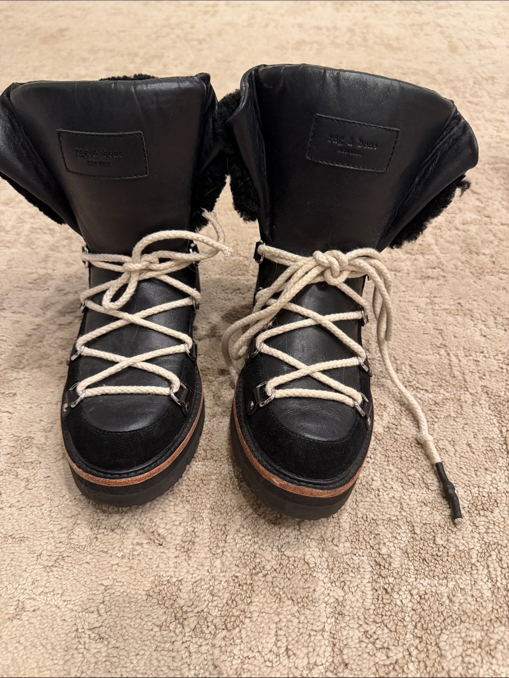 rag & bone Black Lace-Up Women's Boots with Cream Laces